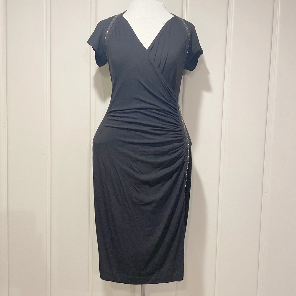 Carmen Marc Valvo Black Studded Faux Leather Trim Wrap Dress Size‎ Small